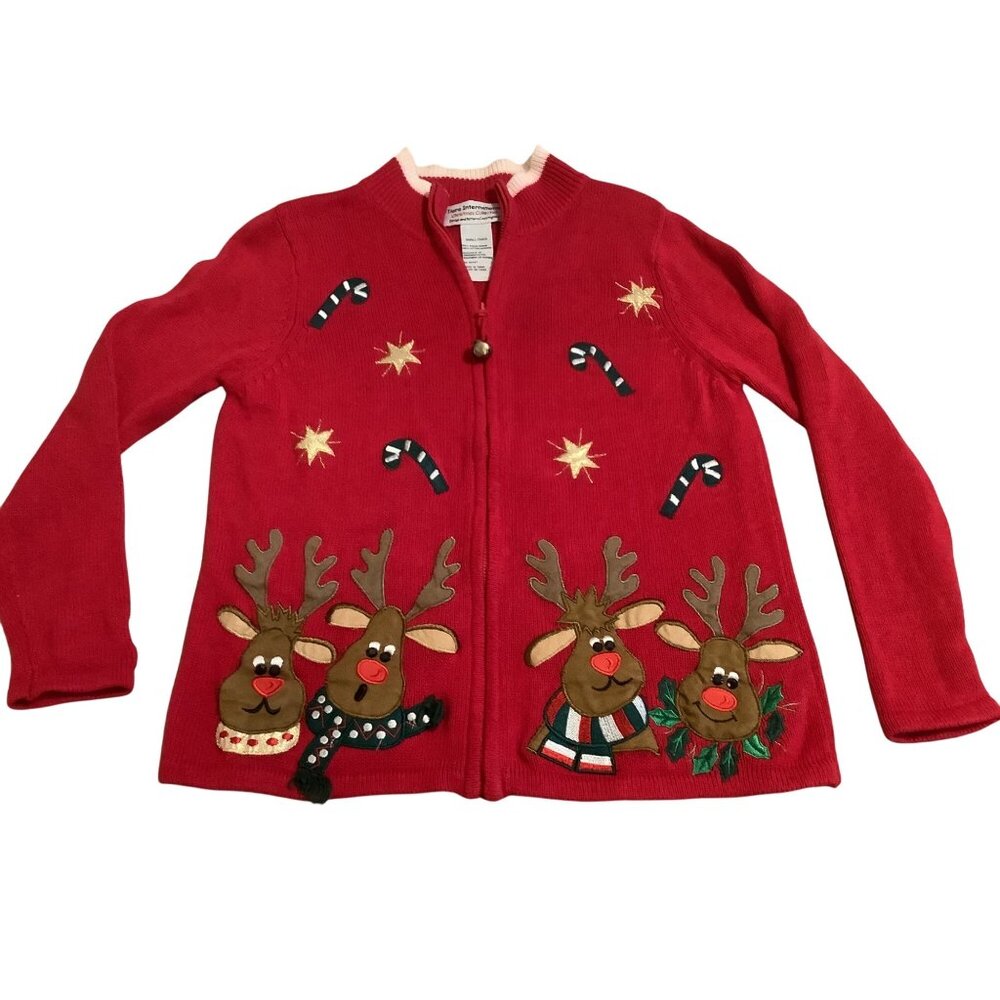 Vintage Tiara International Christmas Sweater Reindeer Candy Canes Red Small